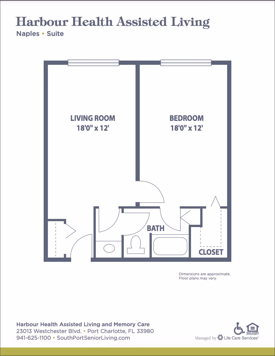 Floor plan showing living room, bedroom, bath, and closet layout.
