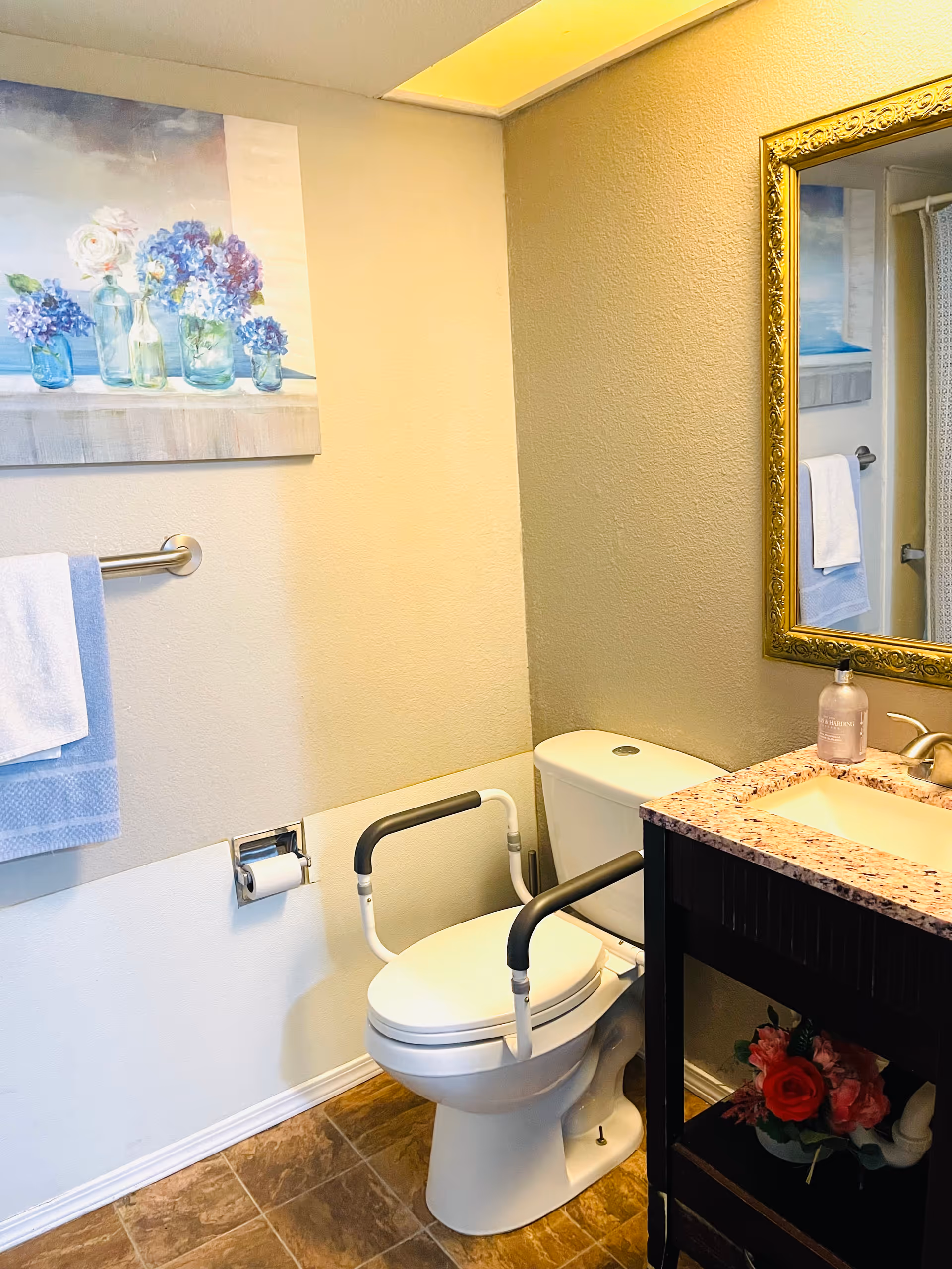 Accessible bathroom with safety rails, granite vanity, and mirror.