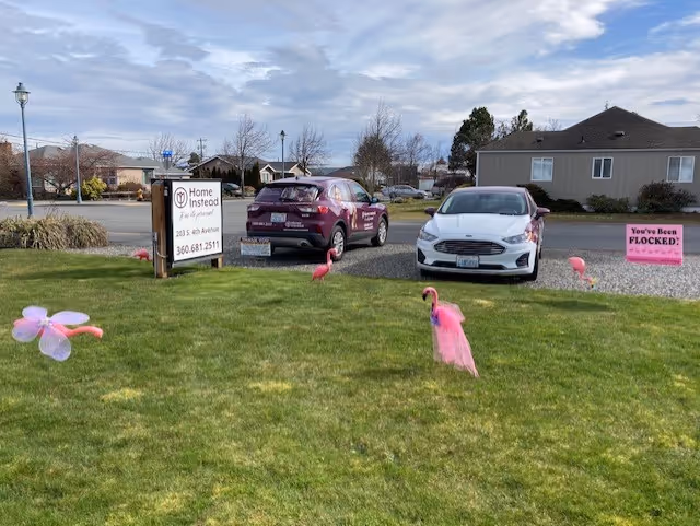 Front exterior of Home Instead facility with parked cars and pink flamingo decorations.