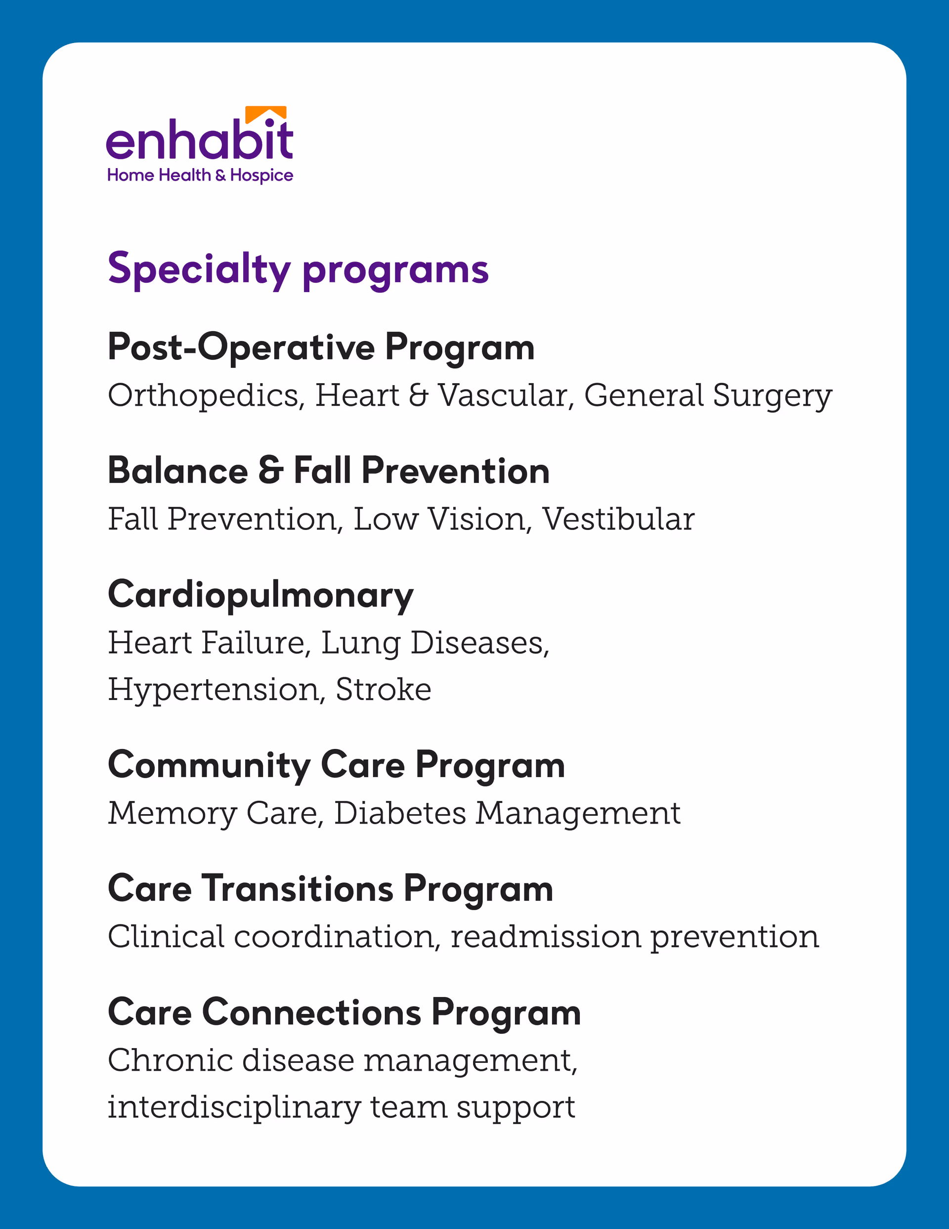 Poster listing Enhabit Home Health specialty programs on a white card.