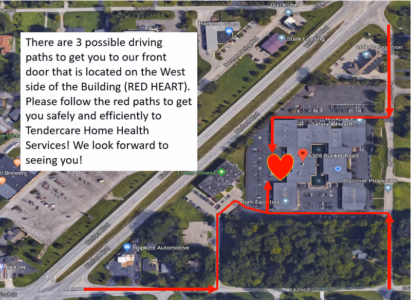 Aerial map of Tendercare site with red arrows guiding to the front entrance.