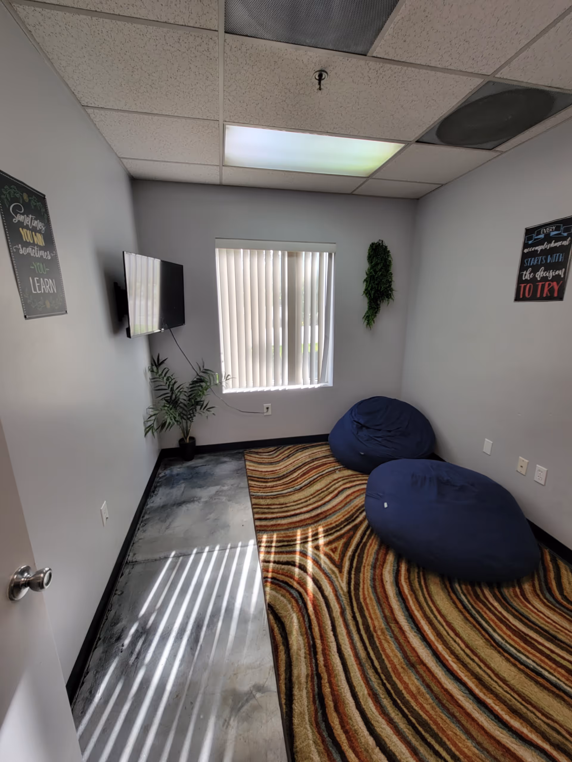 Small lounge room with blue bean bag chairs, wall-mounted TV, plants, and a striped rug.