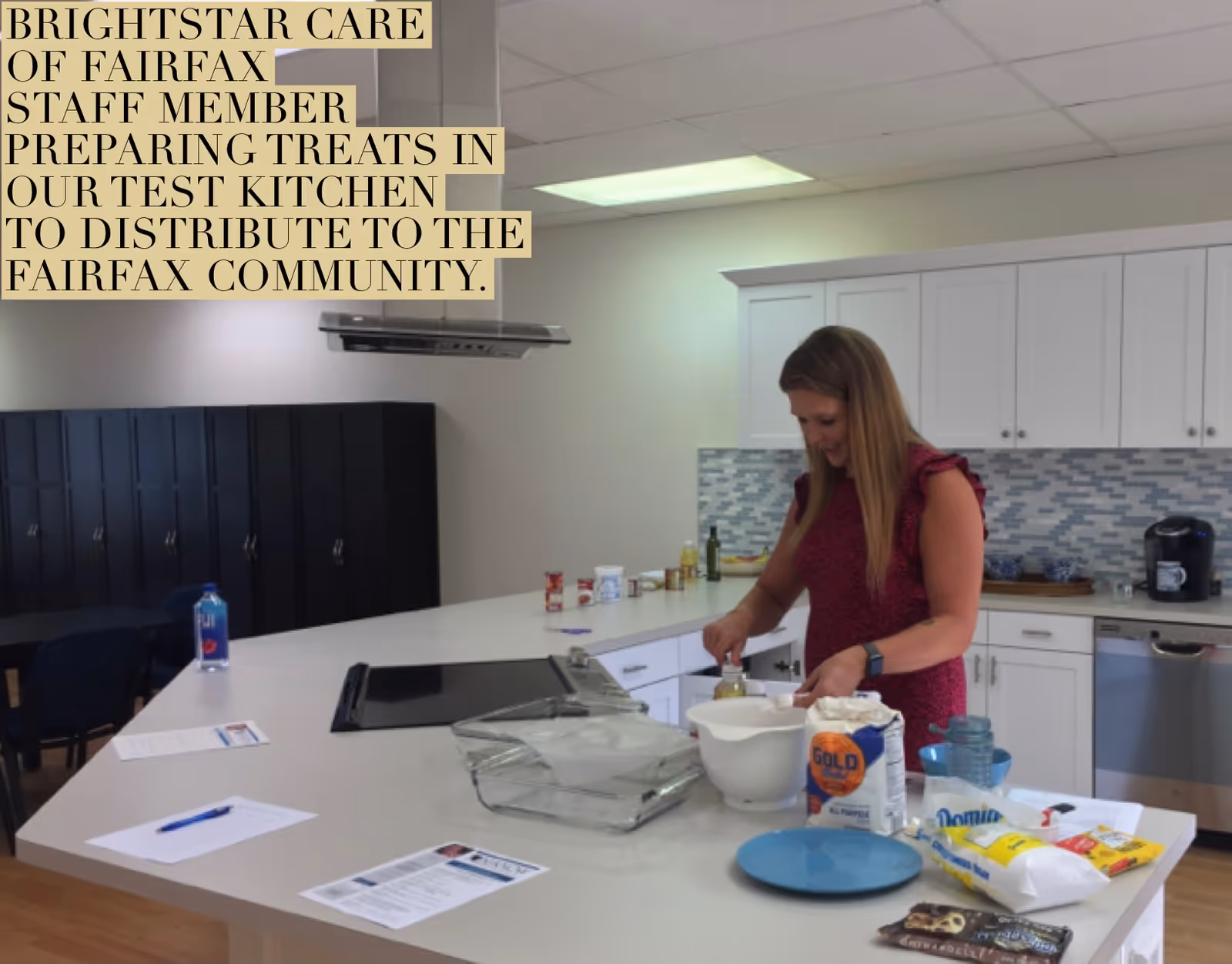 A BrightStar Care Fairfax staff member prepares treats in a bright, modern kitchen.