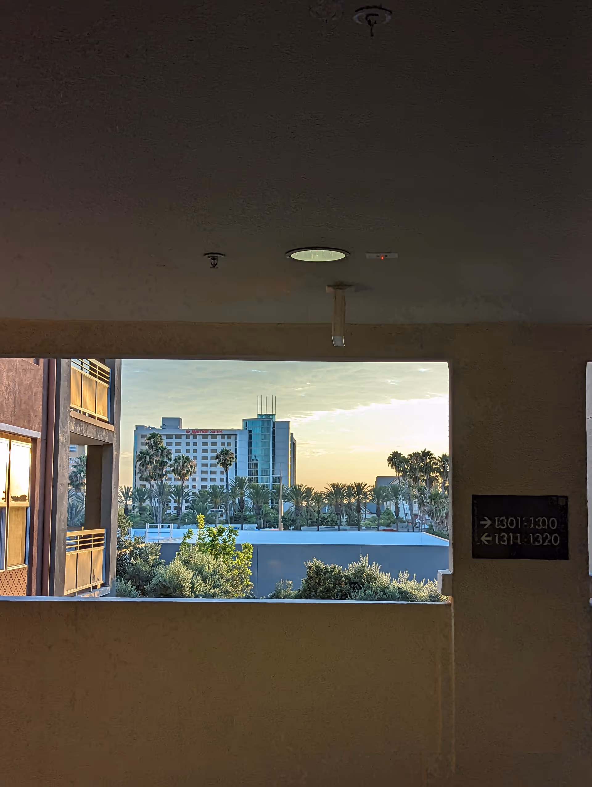 Interior parking level with window opening overlooking a cityscape and palm trees.