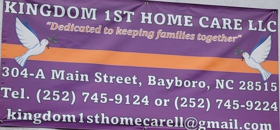 Large purple banner on exterior building advertising Kingdom 1st Home Care LLC.