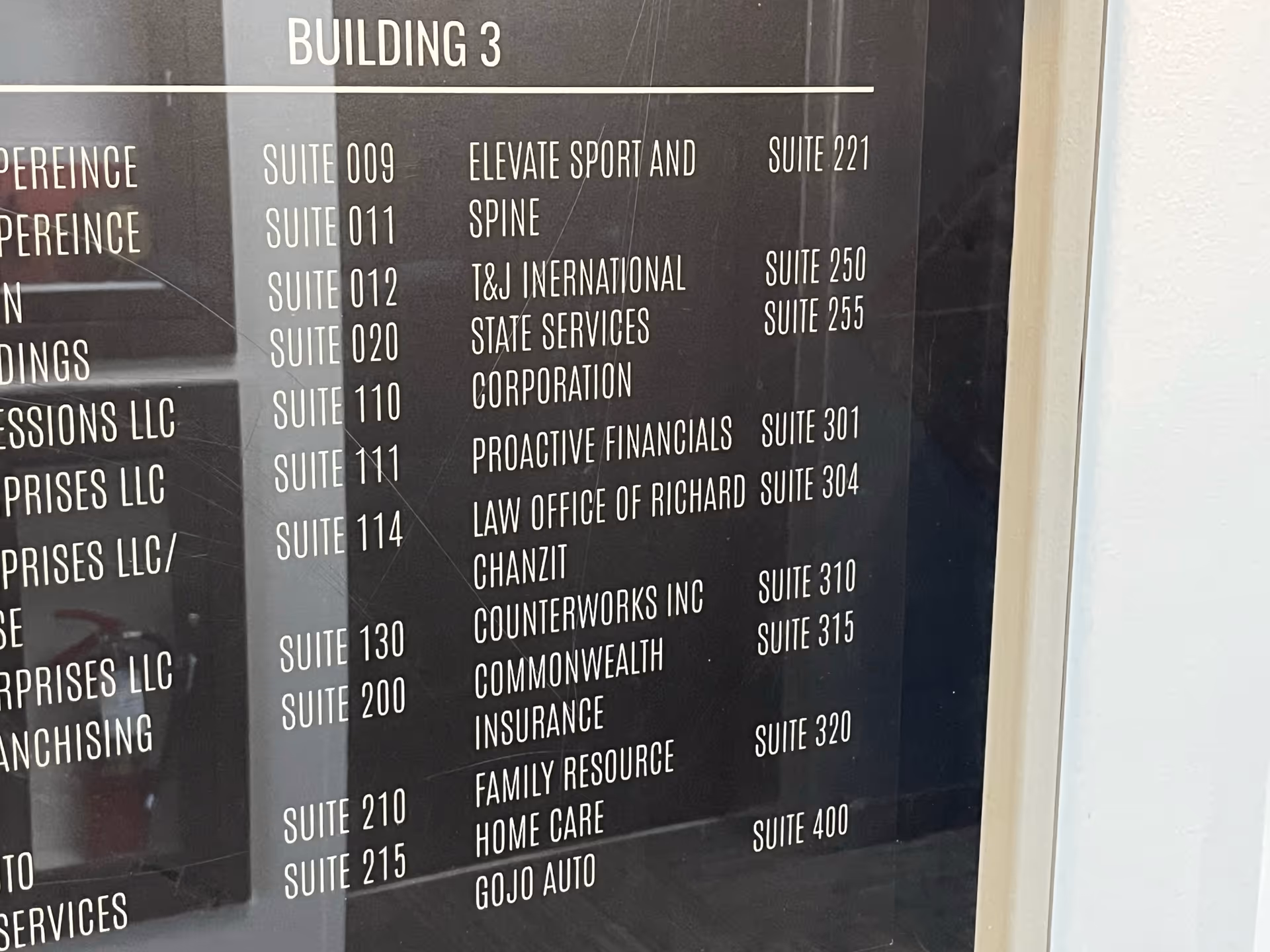 Building directory sign listing suites and tenant names, including Family Resource Home Care, for Building 3.