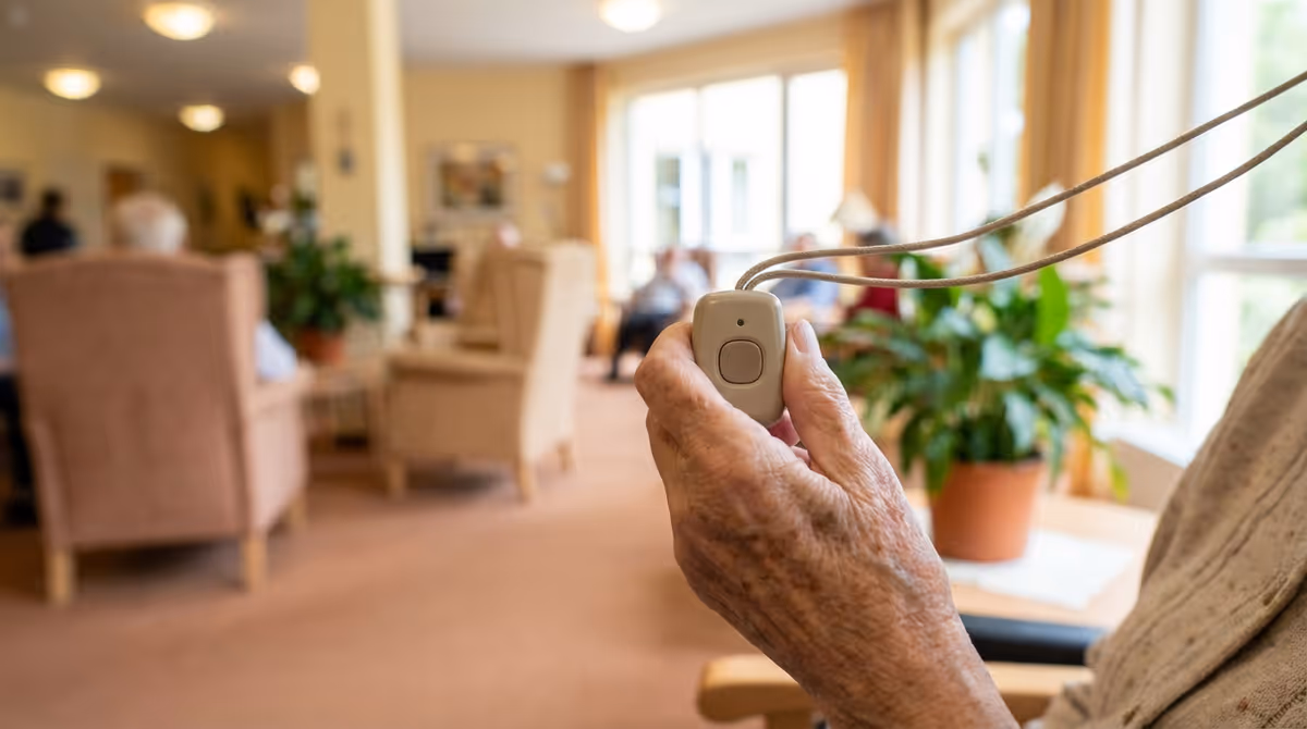 Elderly hand holding emergency call pendant in assisted living facility