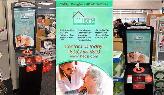 Promotional banner for In Home Elder Care Solutions displayed inside a store beside kiosks.