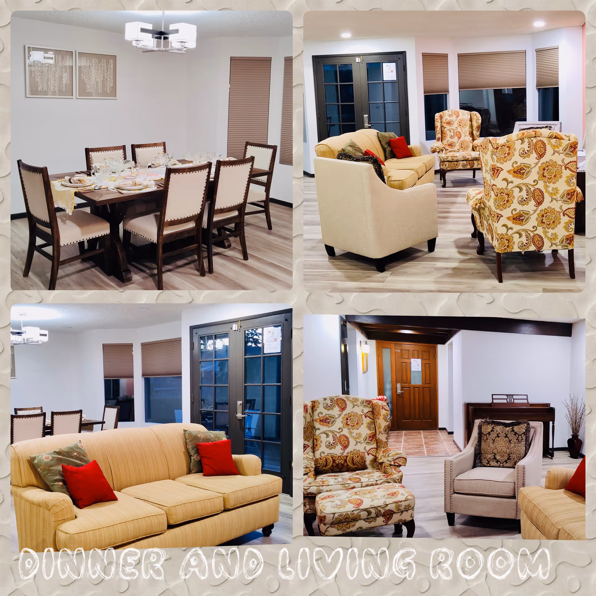 Collage of furnished dining and living areas inside a senior care home.