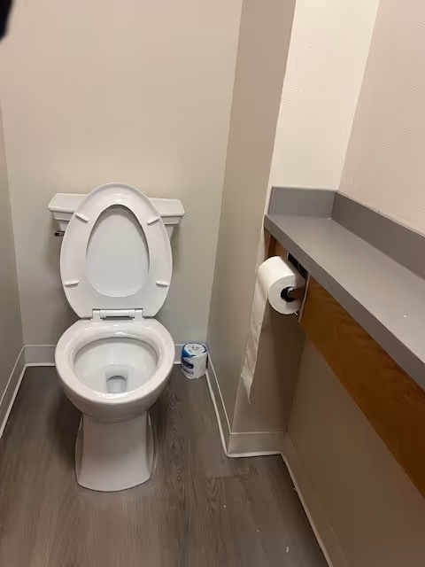 Toilet with lid up in a clean bathroom beside a counter and toilet paper.