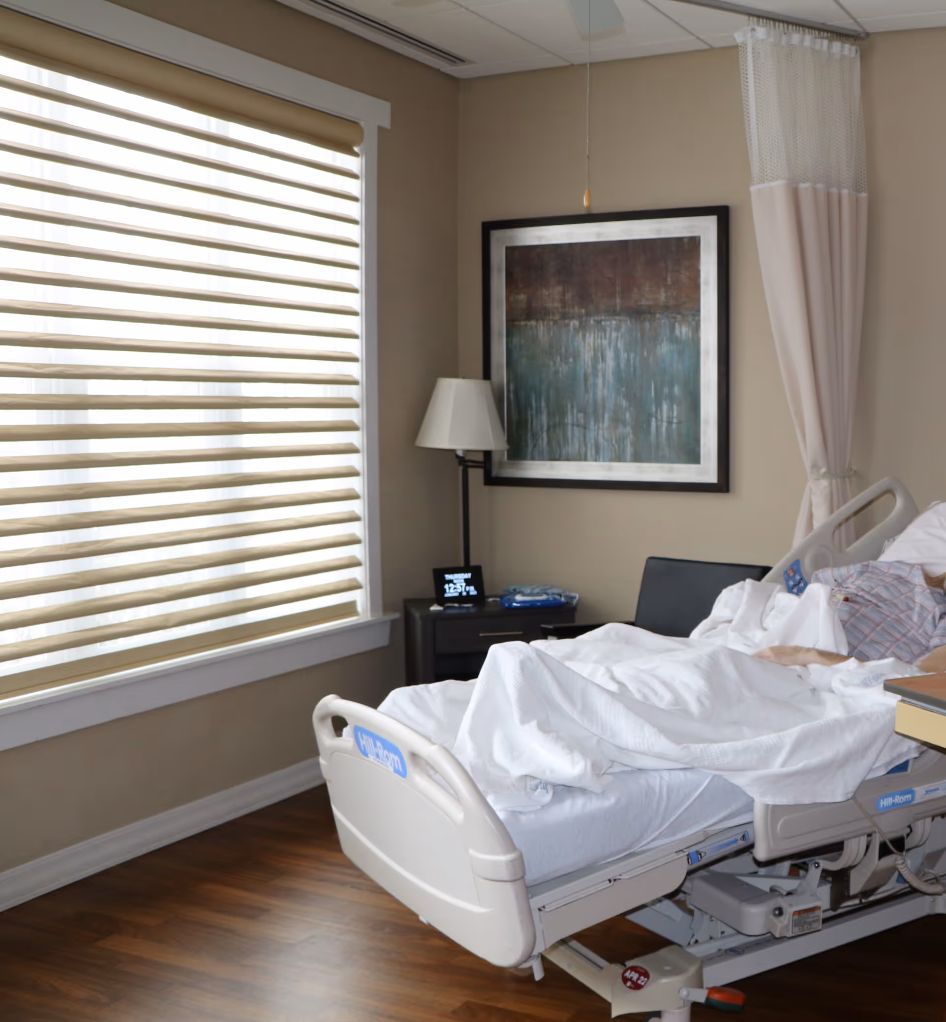 A hospice patient lies in a hospital bed beside a nightstand and artwork.