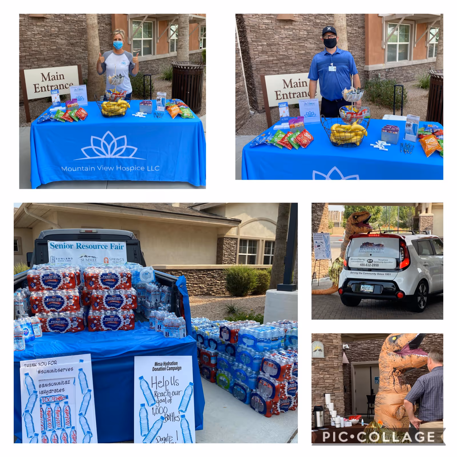 Outdoor donation event at Mountain View Hospice with a blue-clothed table and staff.