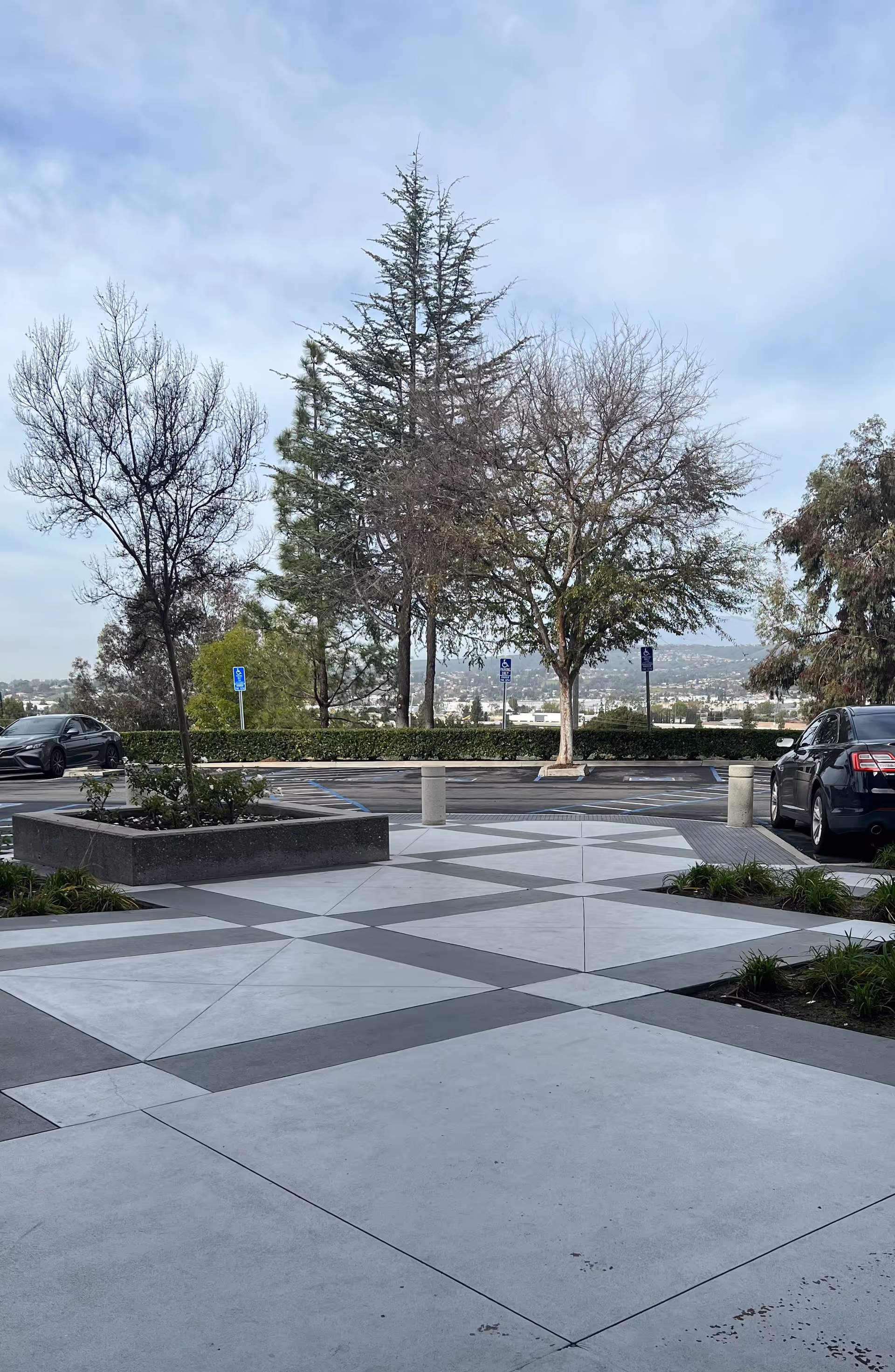 An outdoor plaza with geometric tiled walkway, planters, trees, and parked cars.