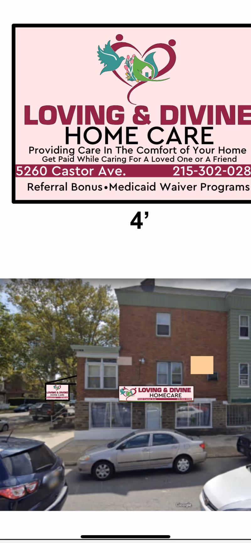 Exterior view of a brick building with Loving and Divine Home Care signage and cars.