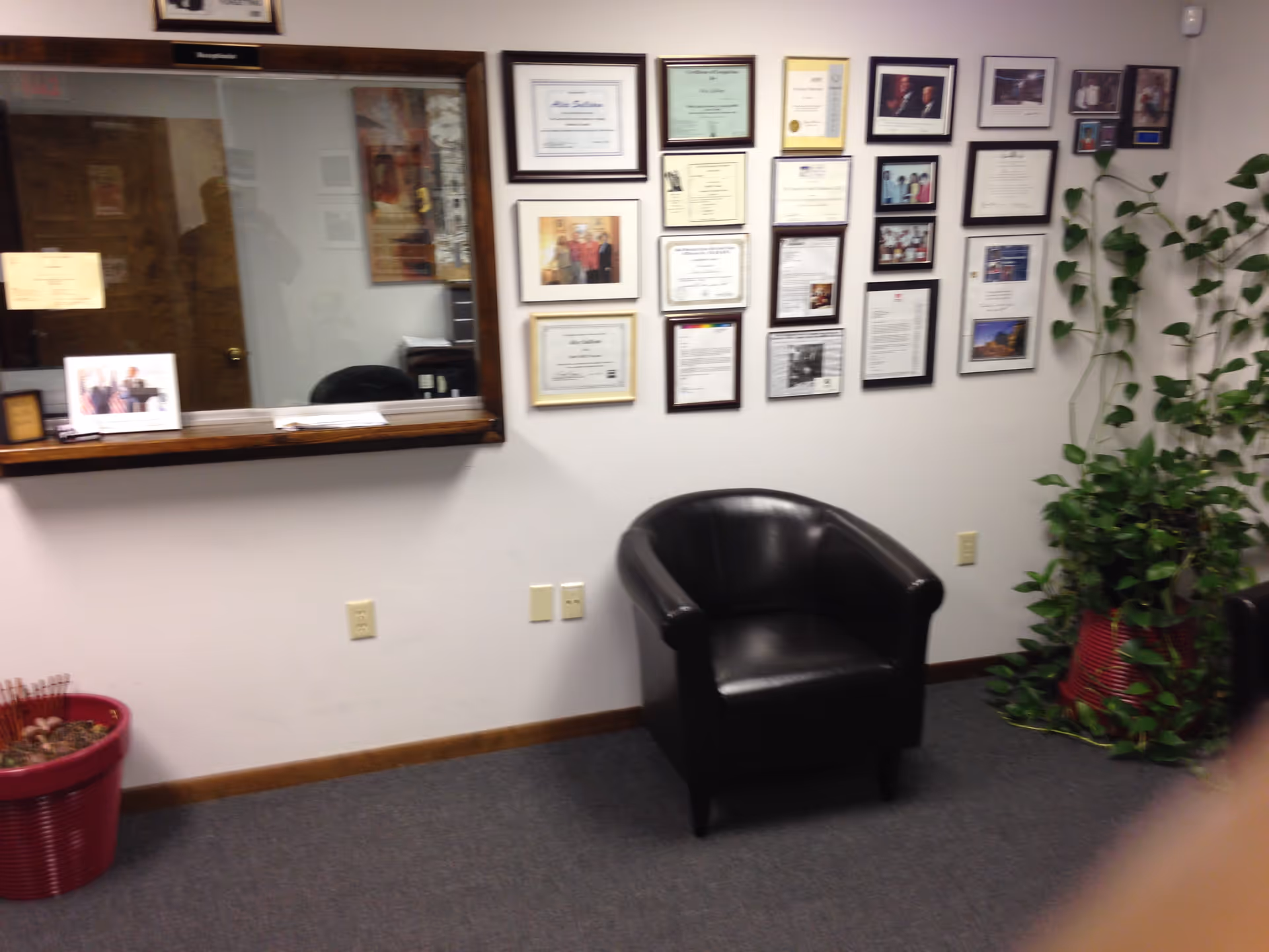 Reception area featuring framed certificates, a black leather chair, and tall leafy plant by the wall.