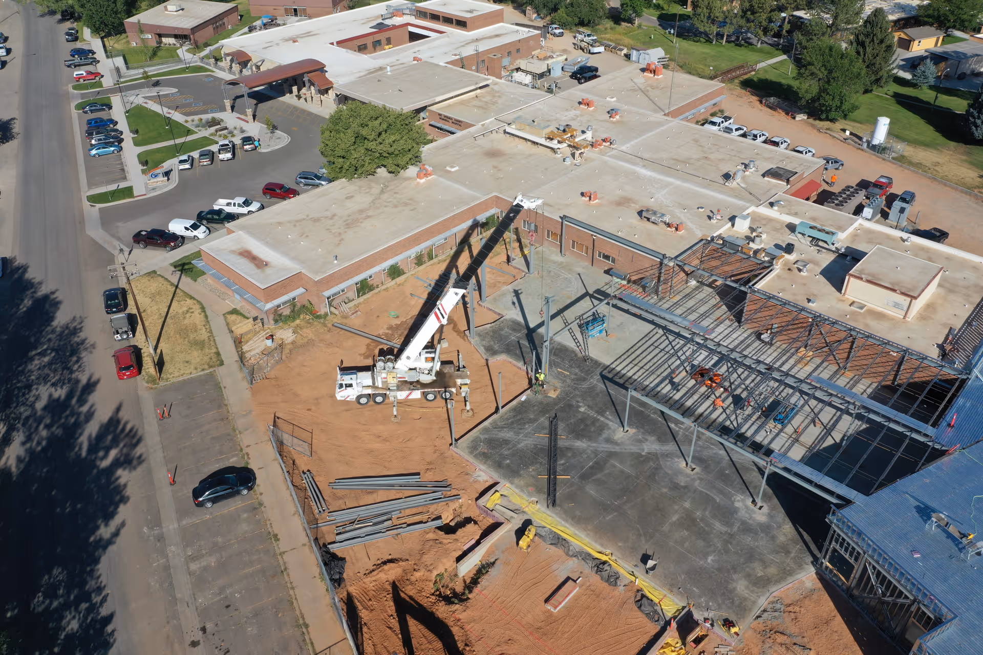 Aerial view of Hot Springs Health campus under construction with steel framework