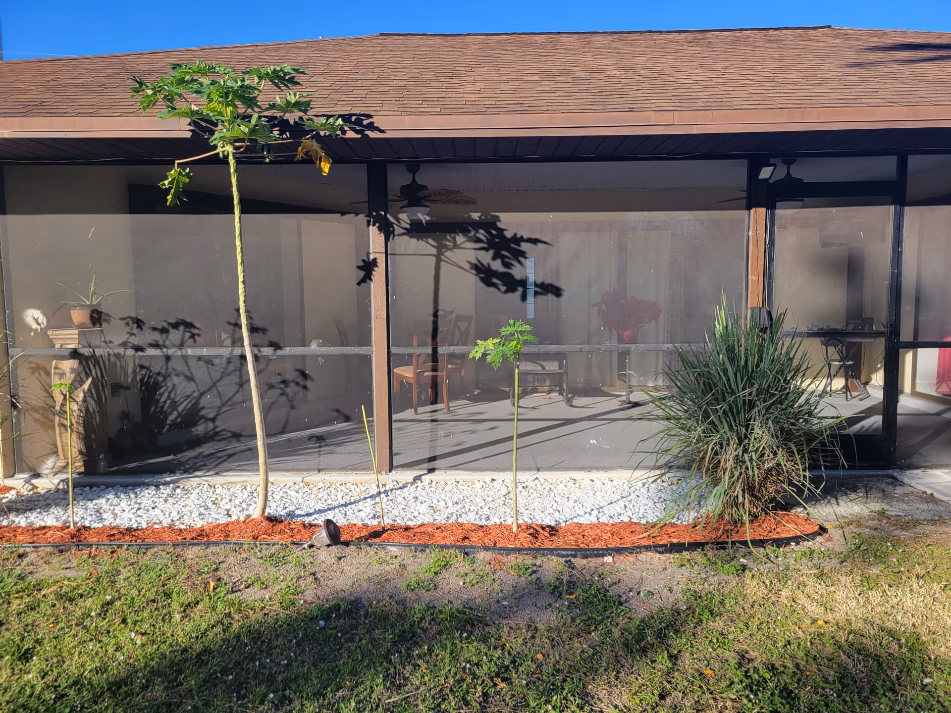 Screened outdoor patio along brick building with potted plants and small trees.
