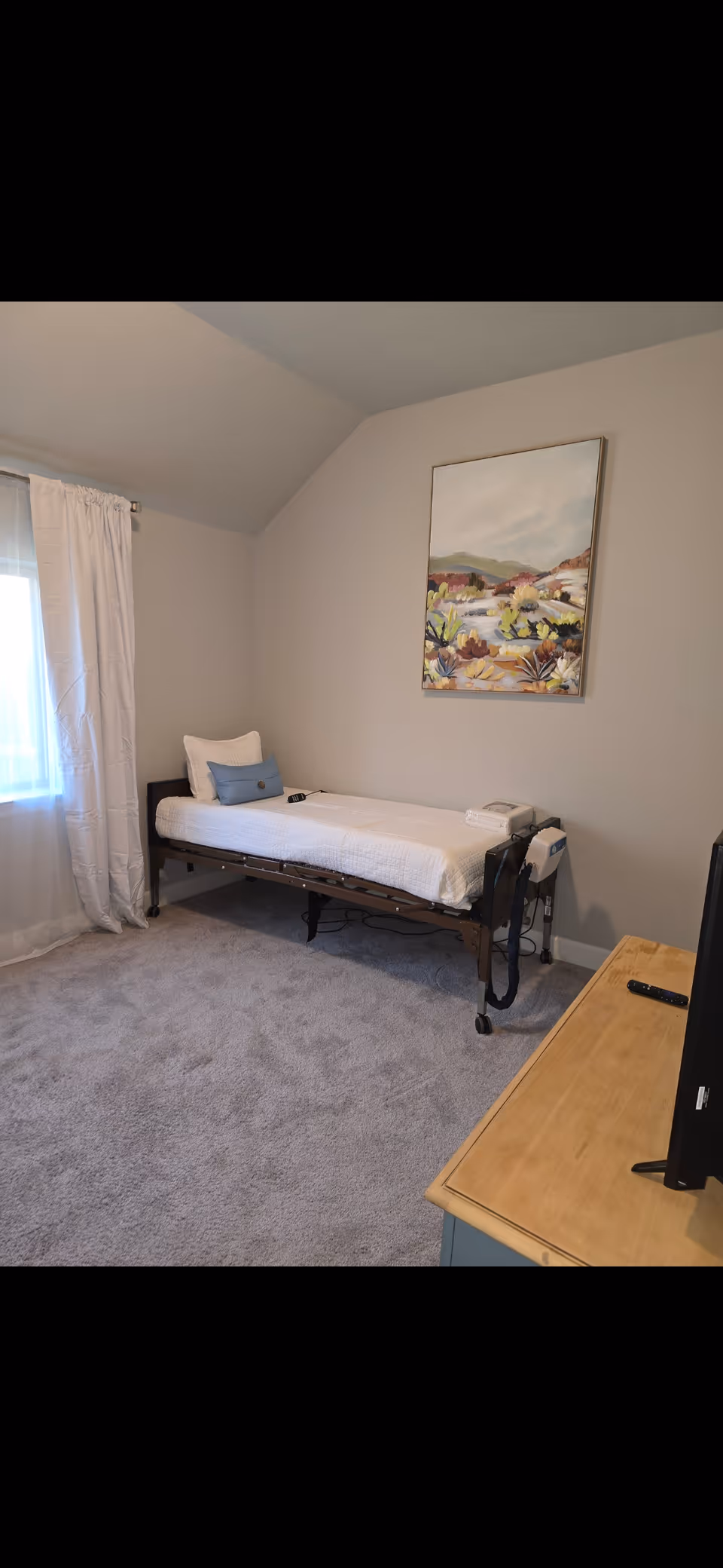 A bedroom in a senior living facility with an adjustable bed, curtain, and painting.