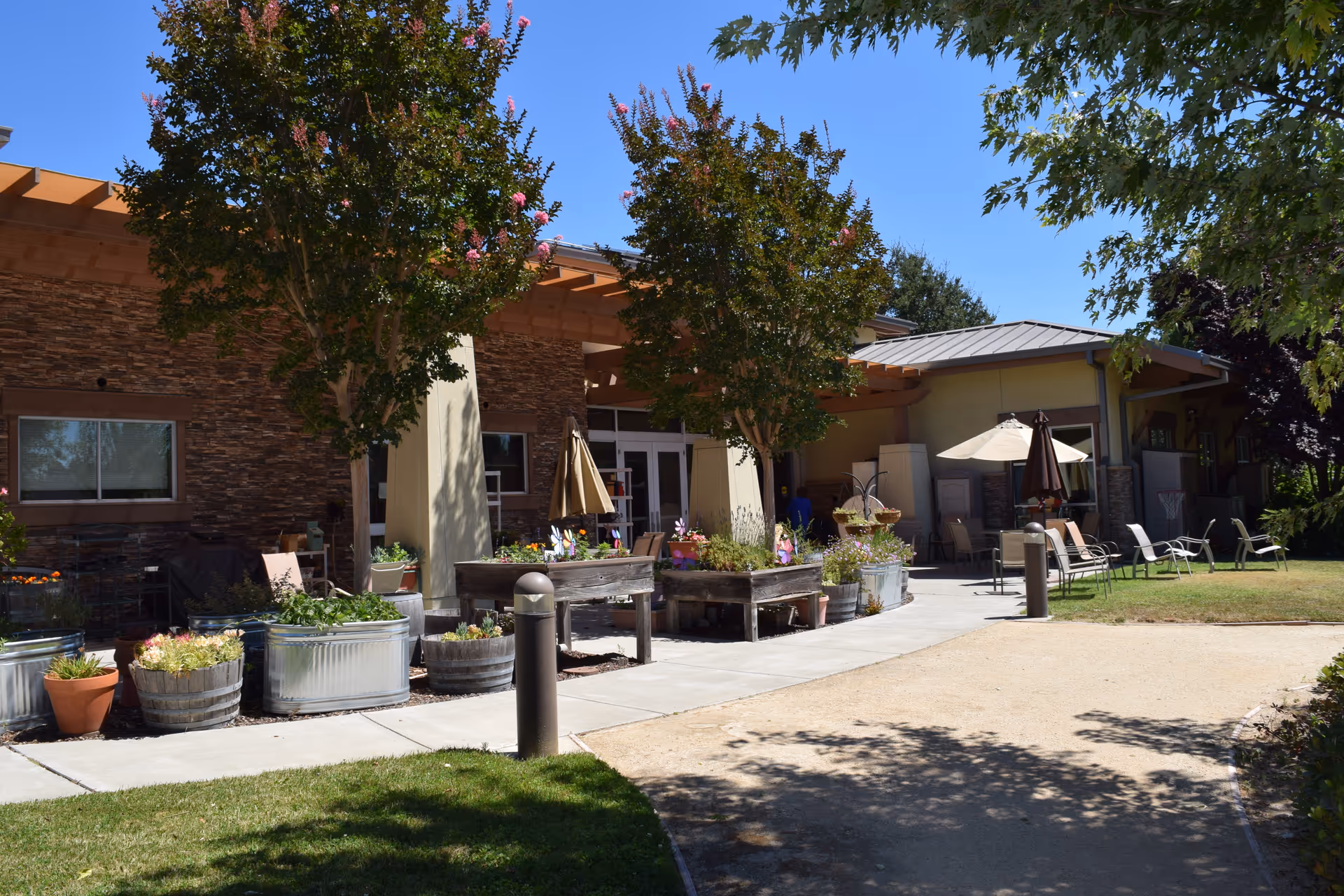 Outdoor patio at Collabria Care with trees, seating, planters, and umbrellas.
