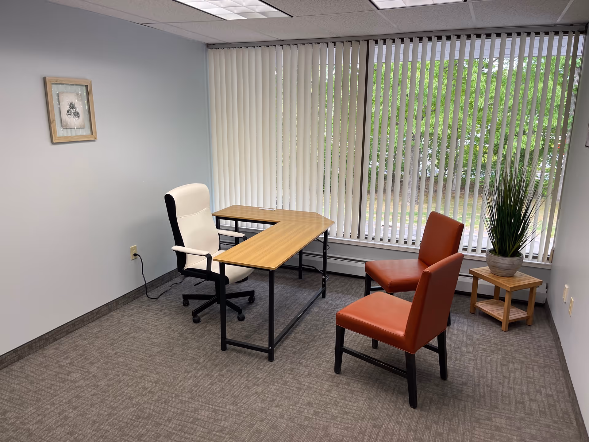 An office-like meeting room with a wooden desk, white chair, orange chairs, and a plant.