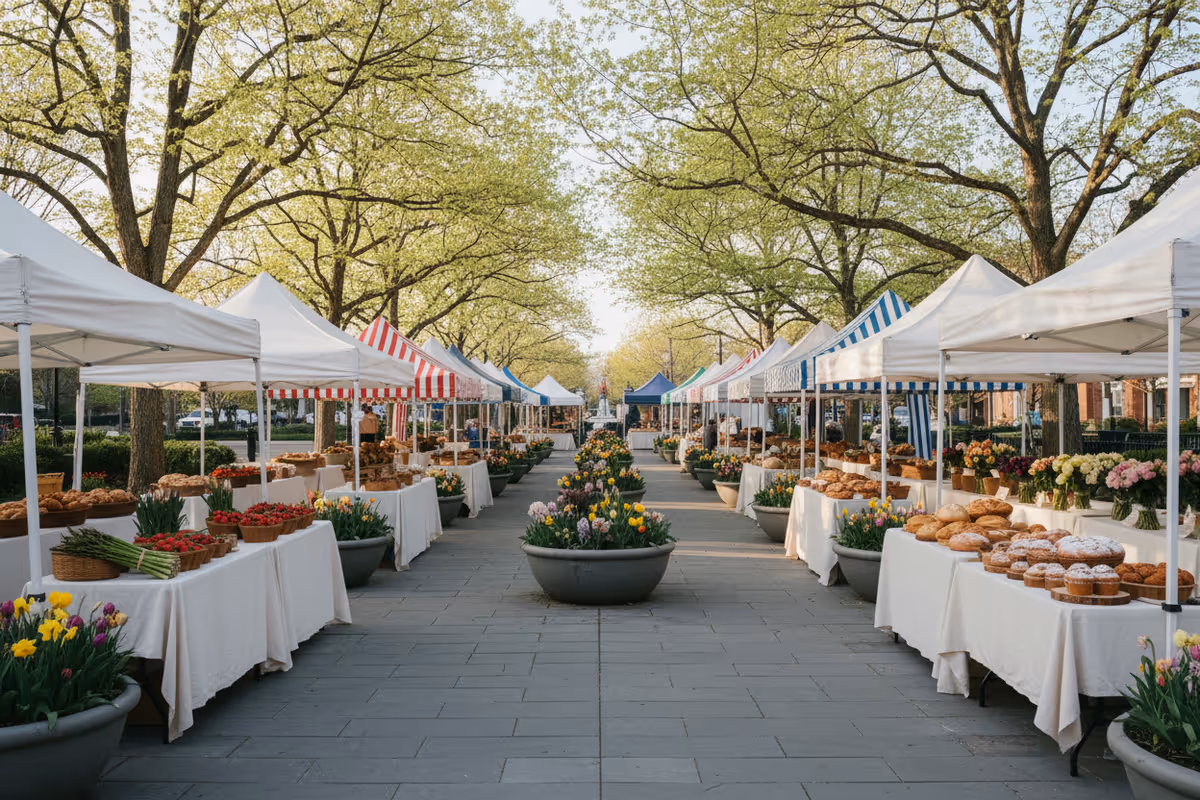 Tree-lined outdoor market stalls with white canopies and tables of flowers and baked goods.