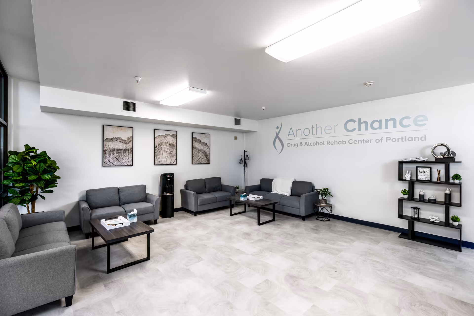Modern reception lounge with gray sofas, coffee tables, a plant, and a logo wall.