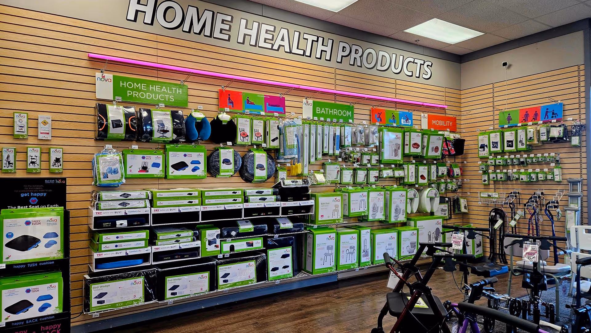 Indoor display of home health products and mobility aids on wall shelves.