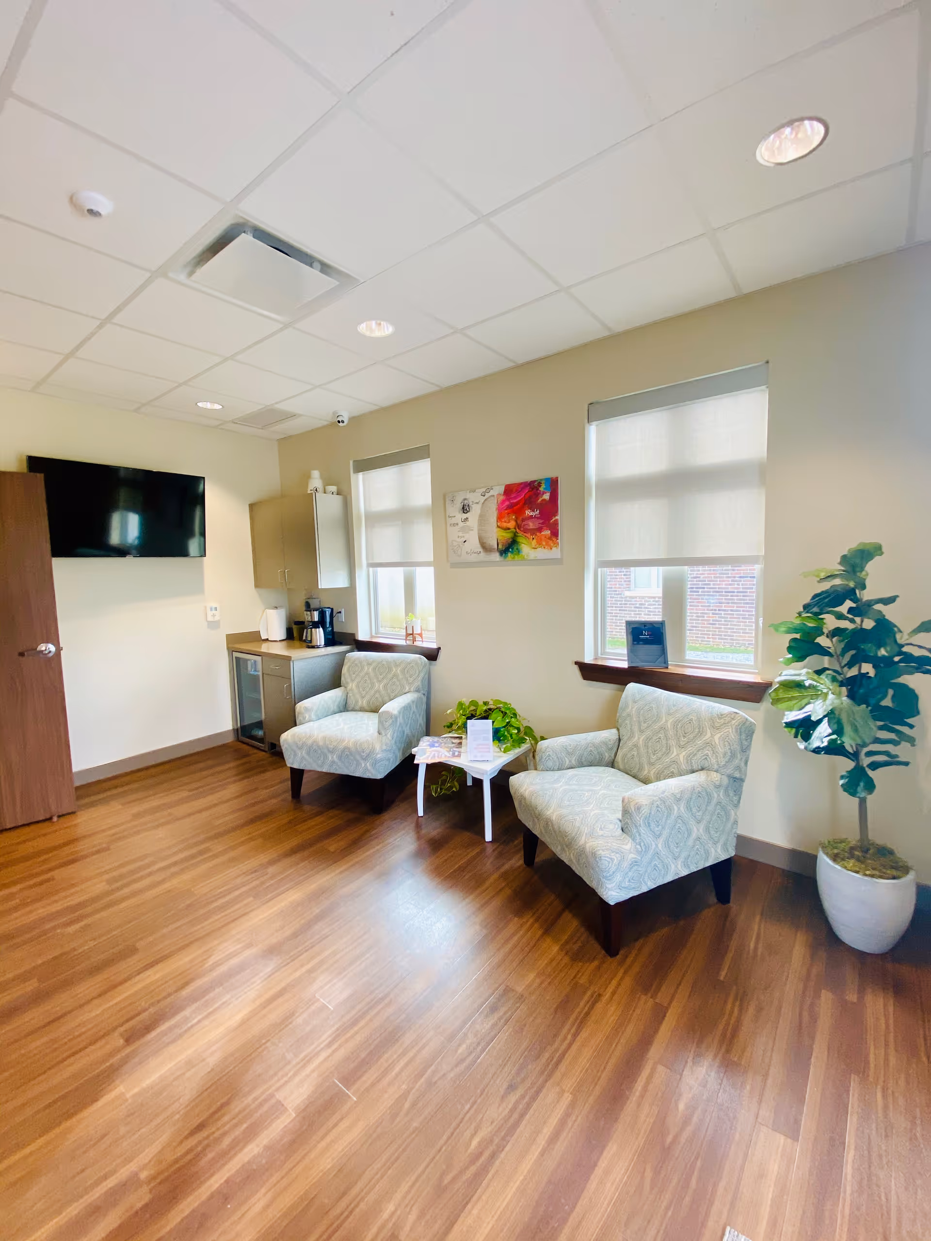 Cozy indoor lounge area with two patterned chairs, a small table, plants, and windows.