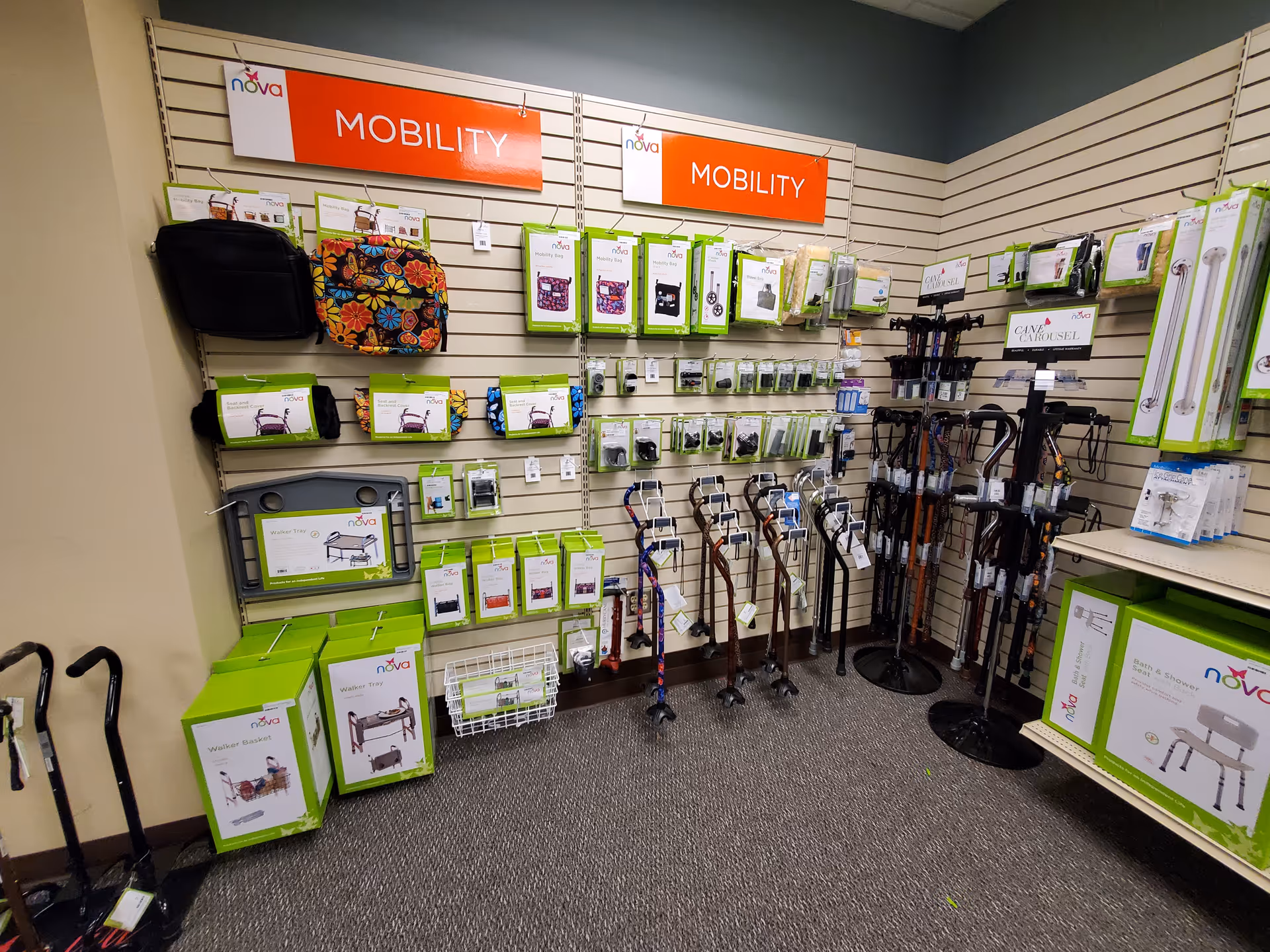Interior showroom displaying mobility aids like canes, walkers, and accessories.