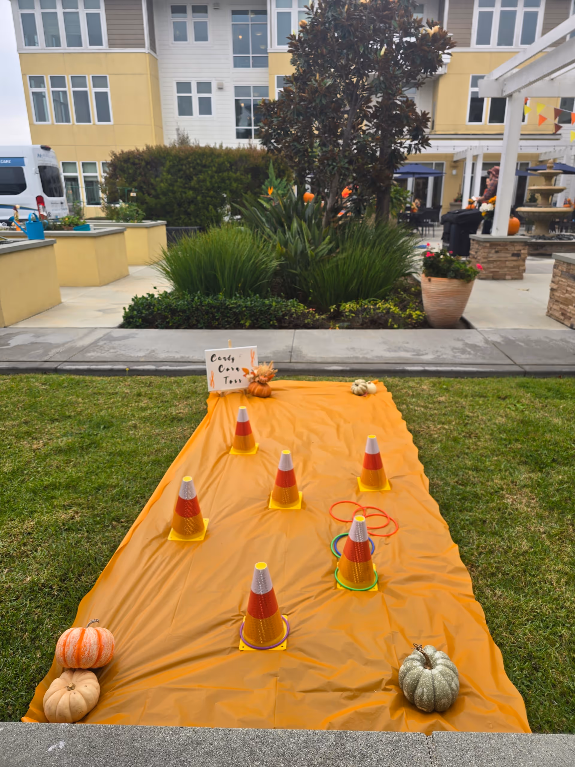 Fall-themed outdoor walkway with pumpkins and cones on a grassy courtyard beside a building.