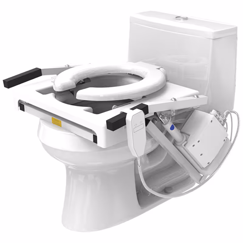 White toilet with a mounted lifting device in a clean bathroom.