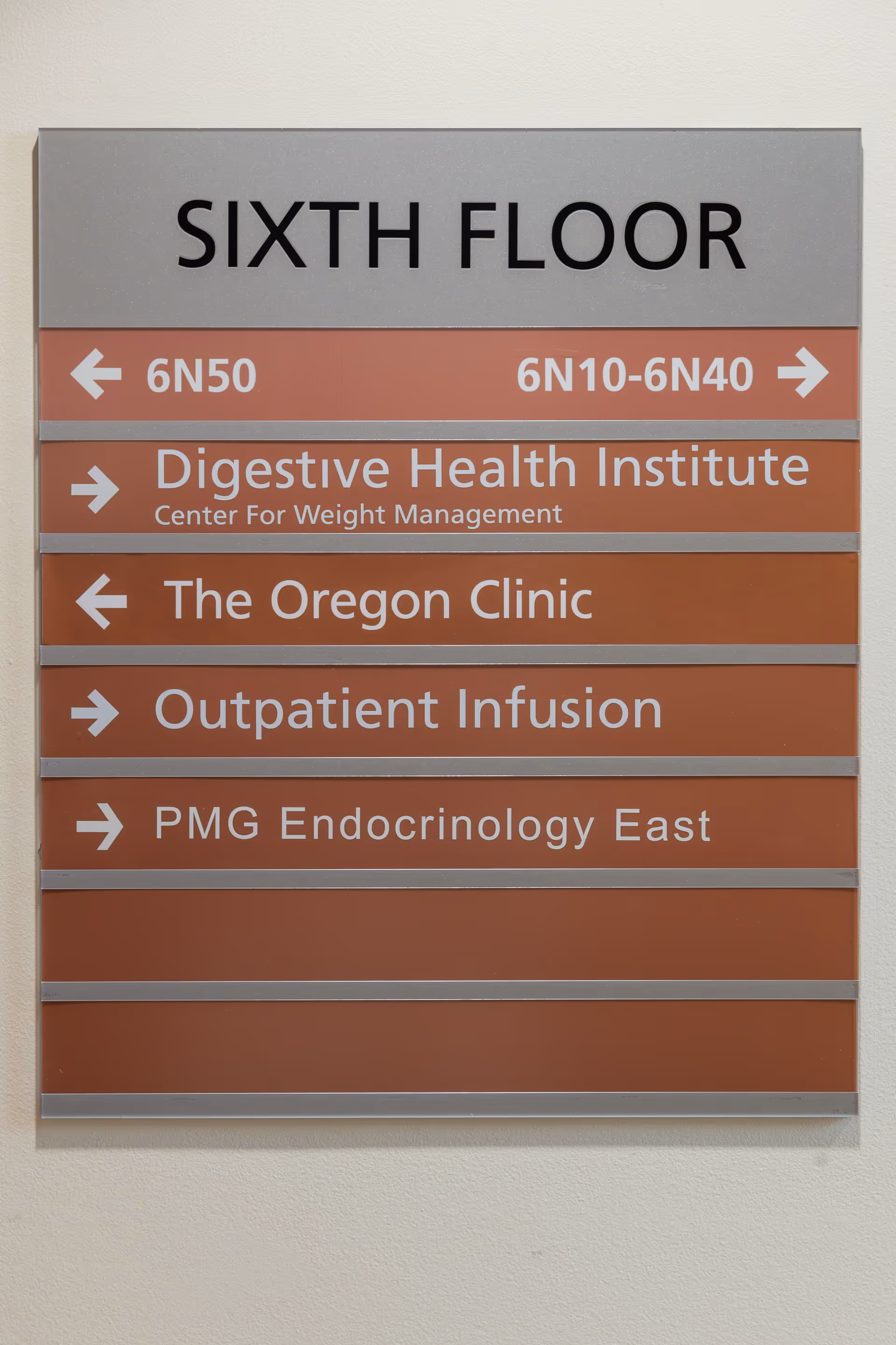 Interior wall sign showing Sixth Floor directions to medical clinics and outpatient services.