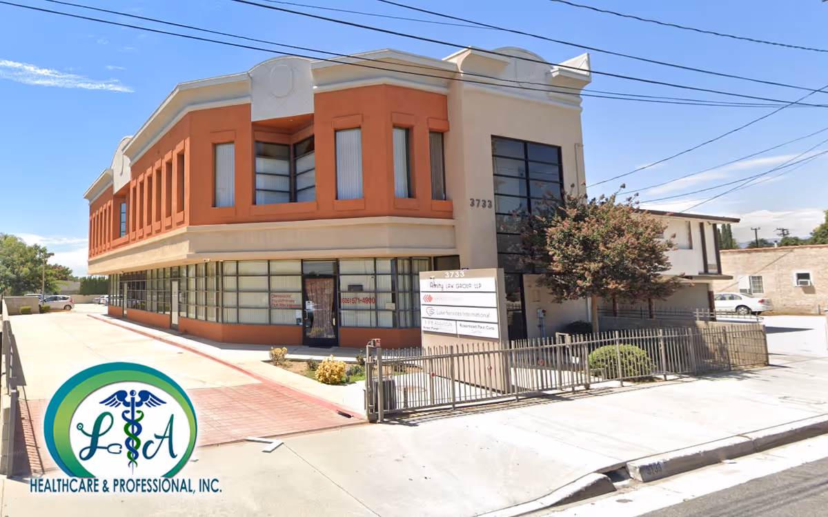 Exterior view of LA Healthcare & Professional, Inc. facility with front entrance.