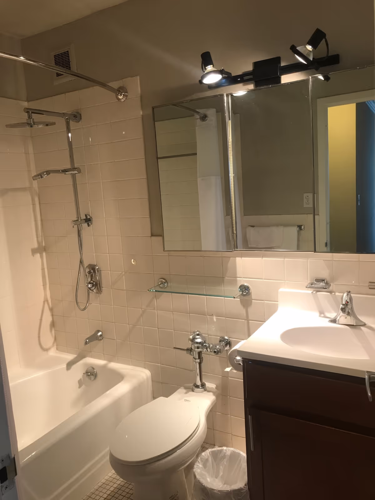 Bright bathroom in a senior living facility with shower, toilet, sink, and mirror.