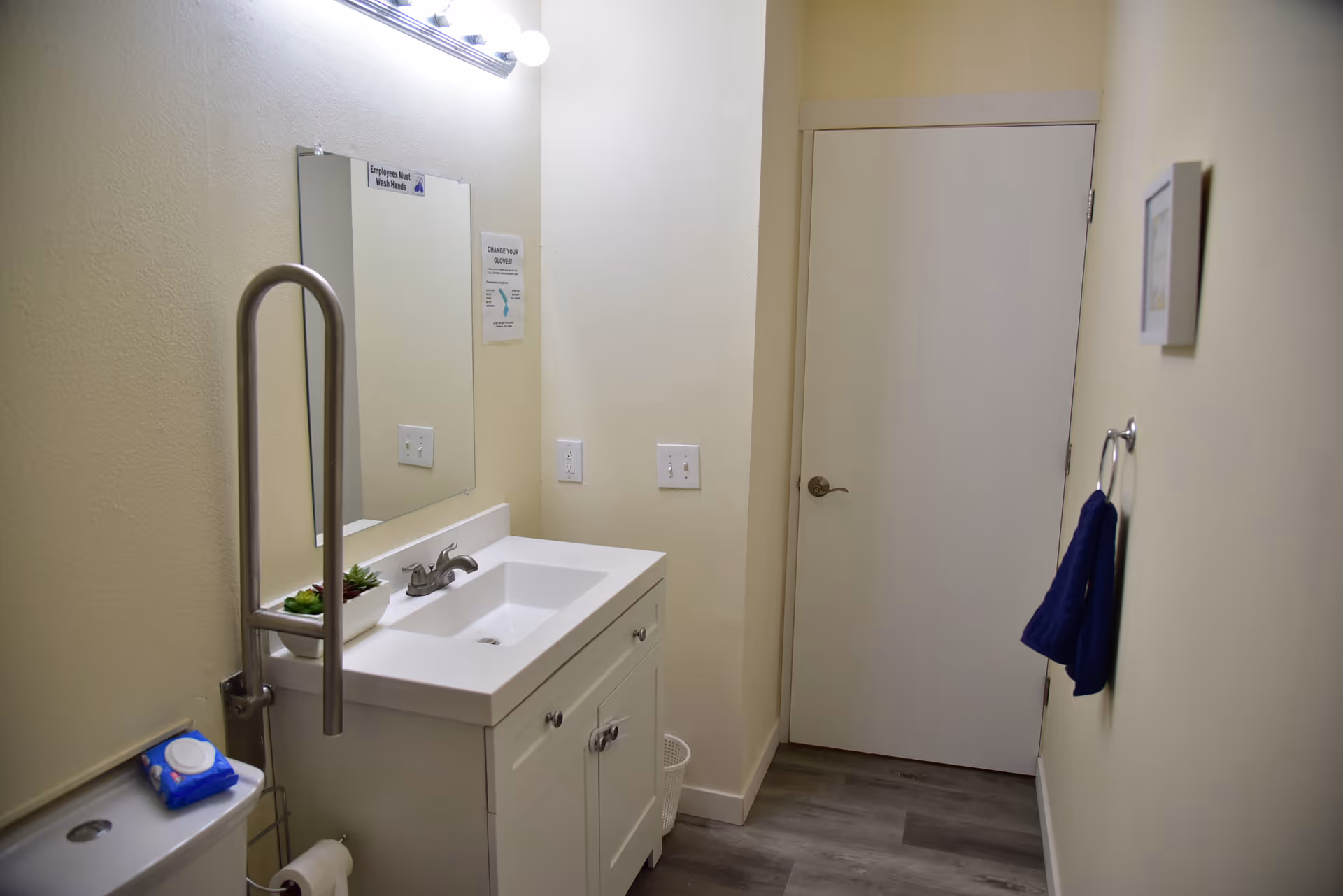 Accessible bathroom with sink, mirror, grab bar, and a closed door.