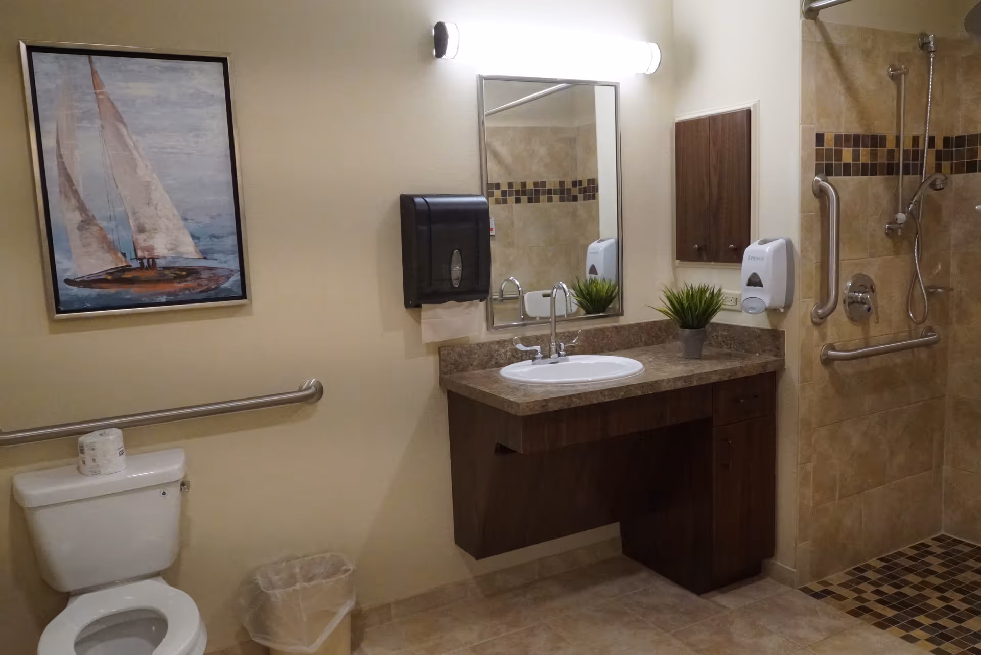 Accessible bathroom with sink, mirror, toilet, shower, grab bars, and decor.