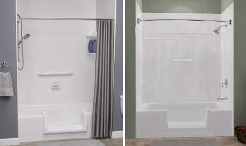 Two accessible bathroom showers with built-in seats and grab bars.