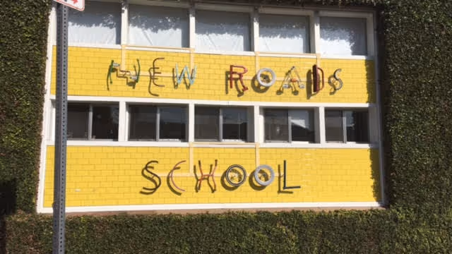 Graffiti reads NEW ROADS SCHOOL on a yellow-tiled exterior wall with ivy.