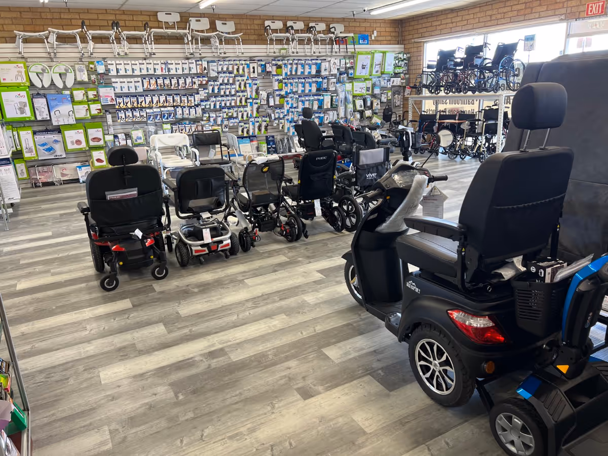 Gallant Medical Supply showroom displaying wheelchairs, mobility scooters, and related medical accessories.