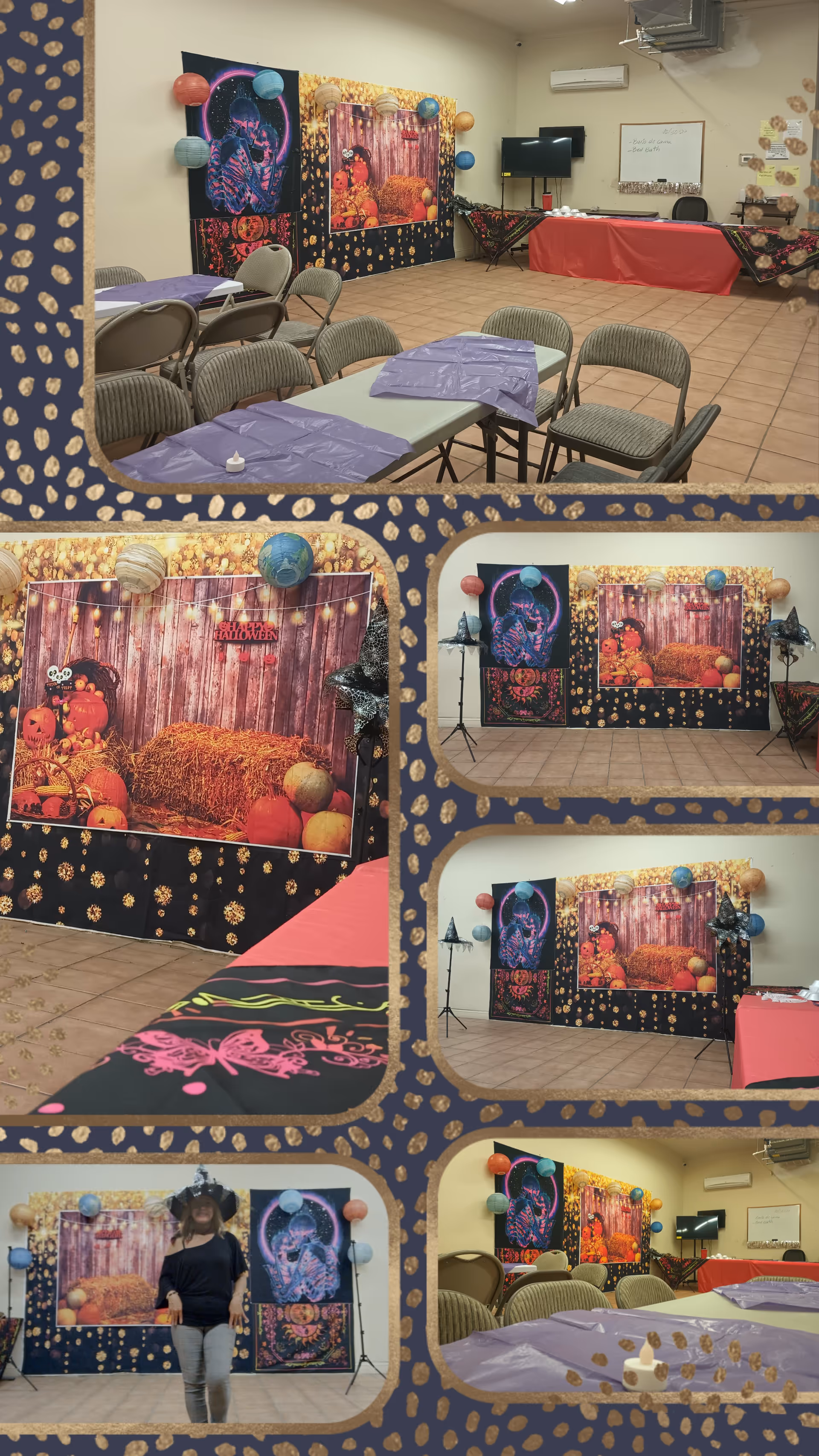 Indoor activity room with purple-covered tables and festive wall panels.