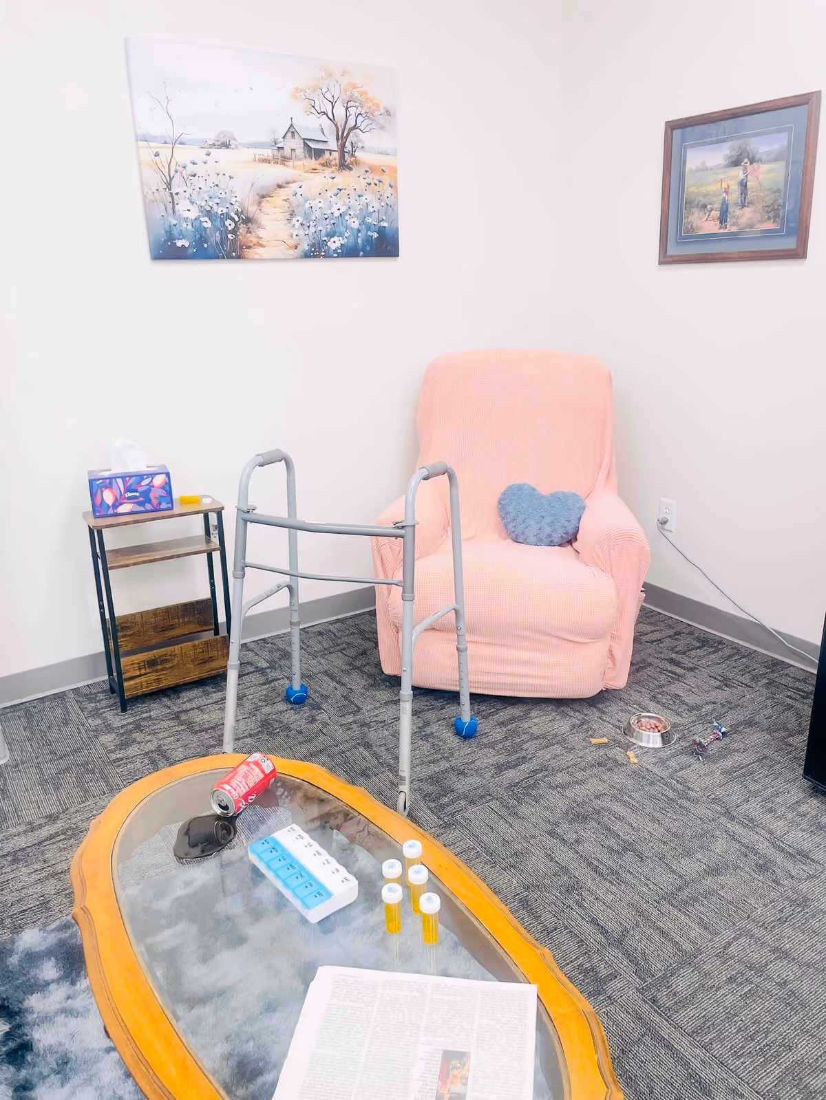 Corner room with pink chair, walker, coffee table, and wall art in a senior living area.