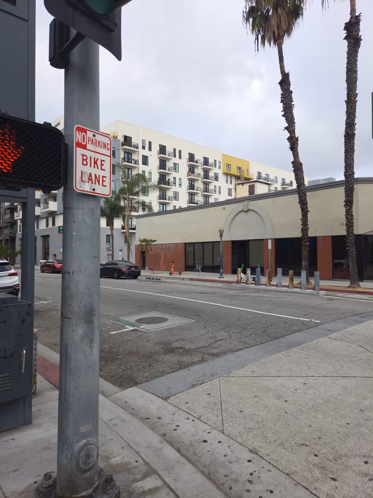 Urban street view with a beige building, palm trees, traffic signal, and bike lane sign.