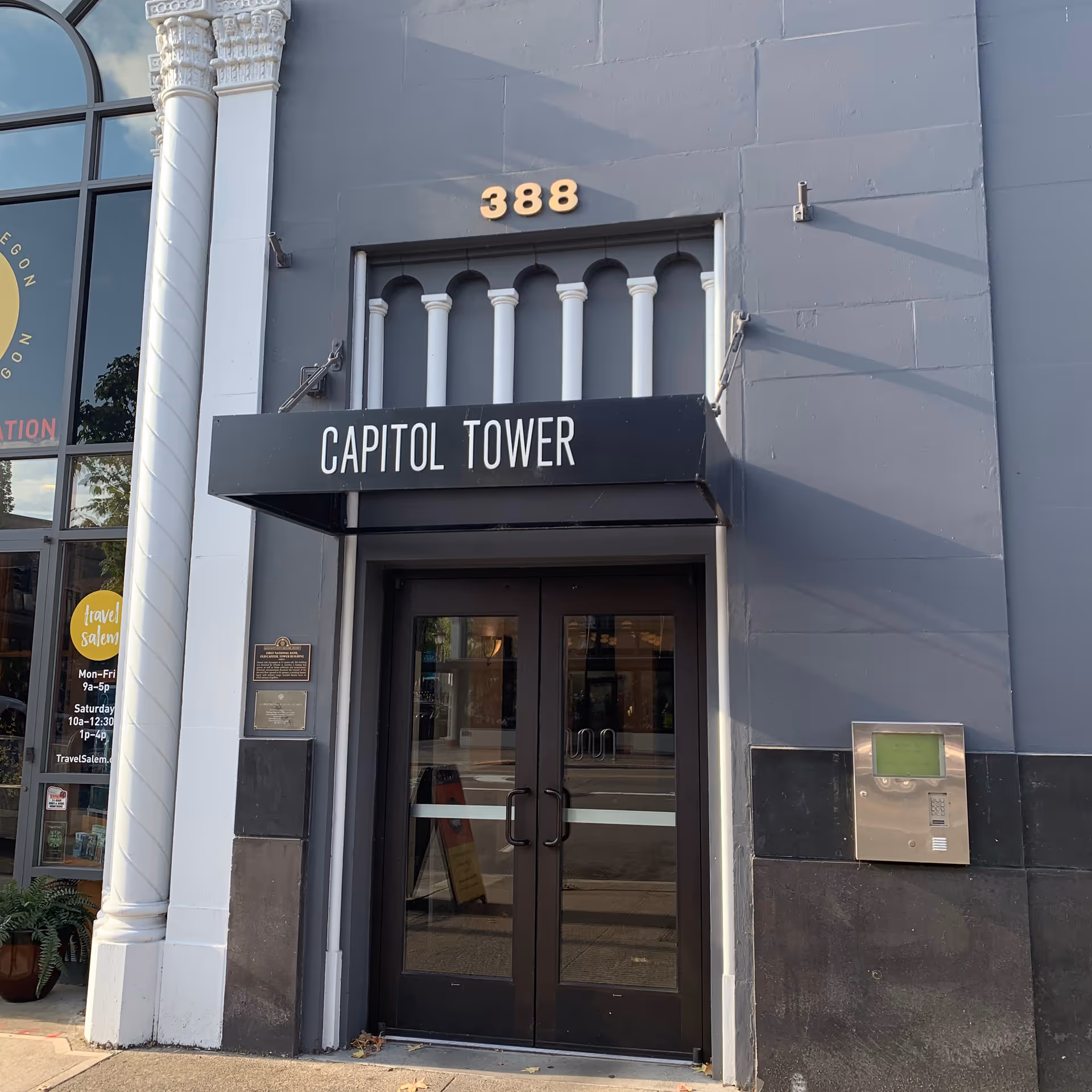 Front entrance of Capitol Tower building with double doors and 388