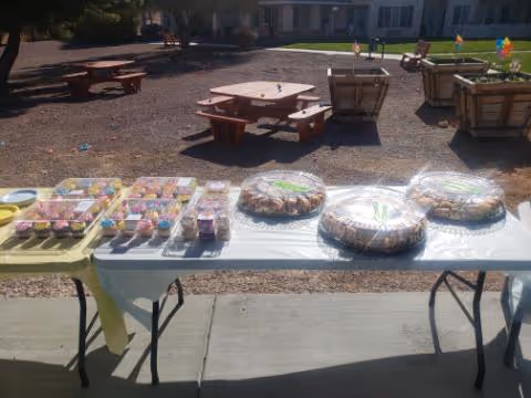 Outdoor table with assorted pastries and cakes, set up near wooden picnic tables.