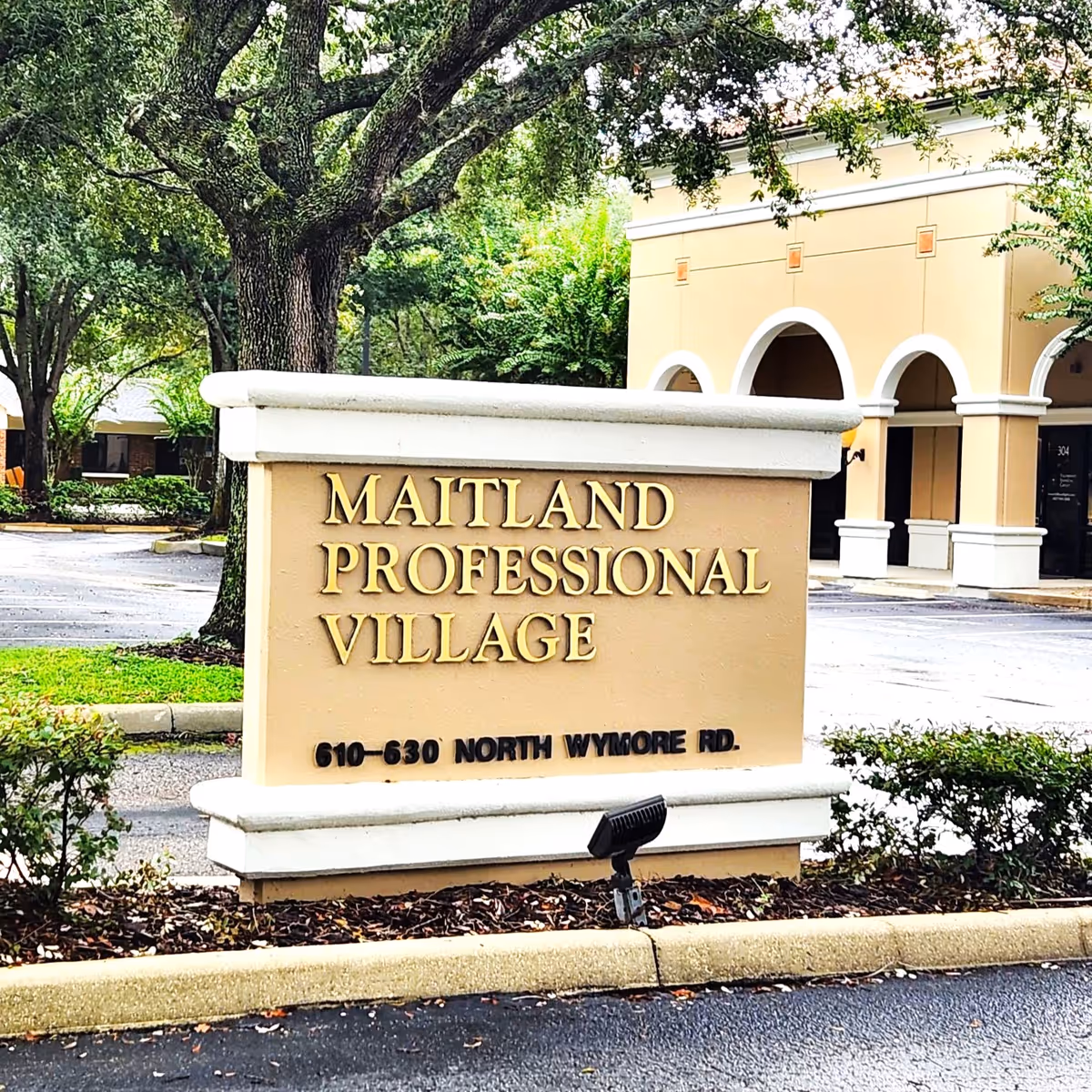 Exterior view of a beige Maitland Professional Village sign in front of a building.