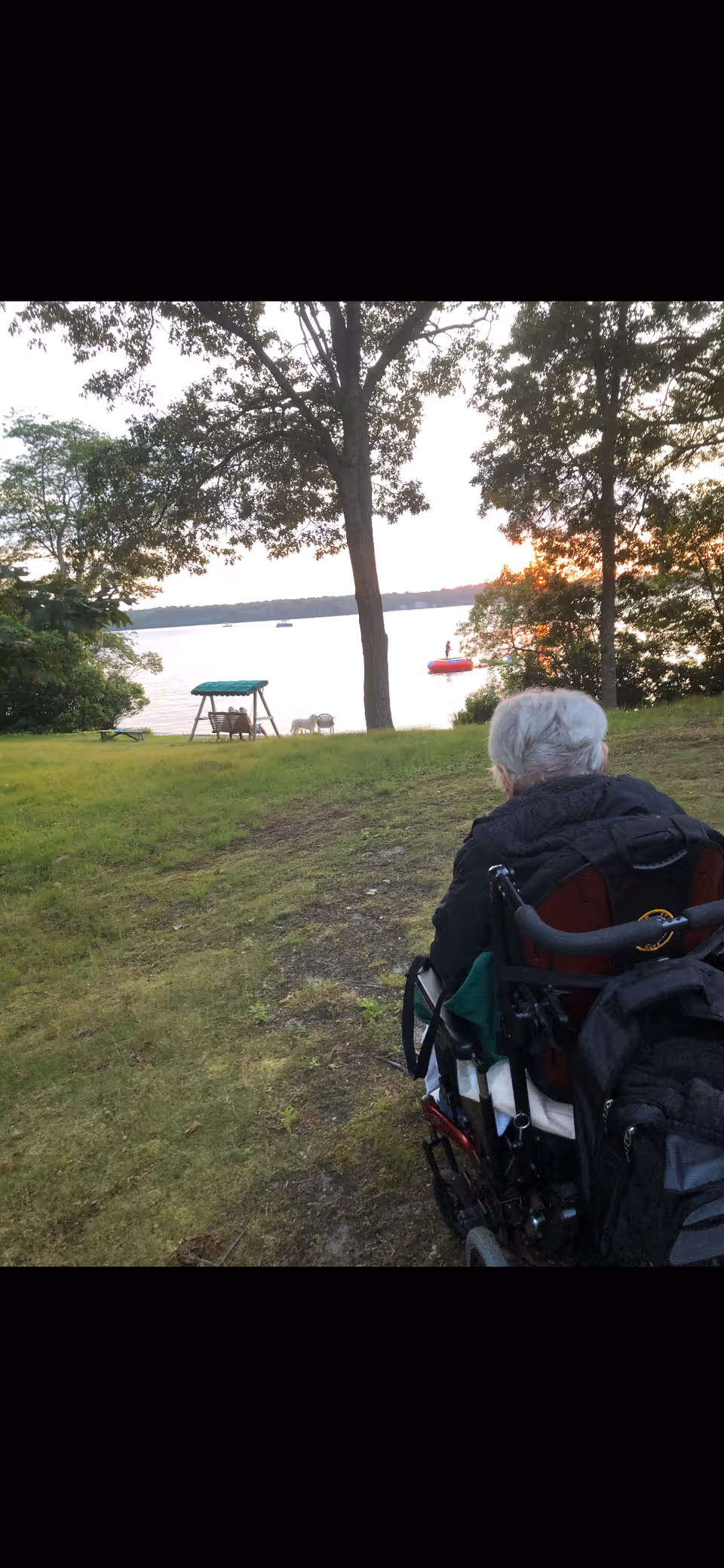 Person in a wheelchair outdoors by a lake, with trees, grass, and a picnic area.