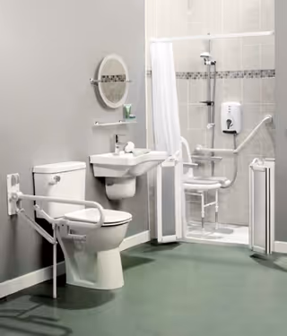 Accessible bathroom with toilet, sink, mirror, and walk-in shower featuring grab bars.