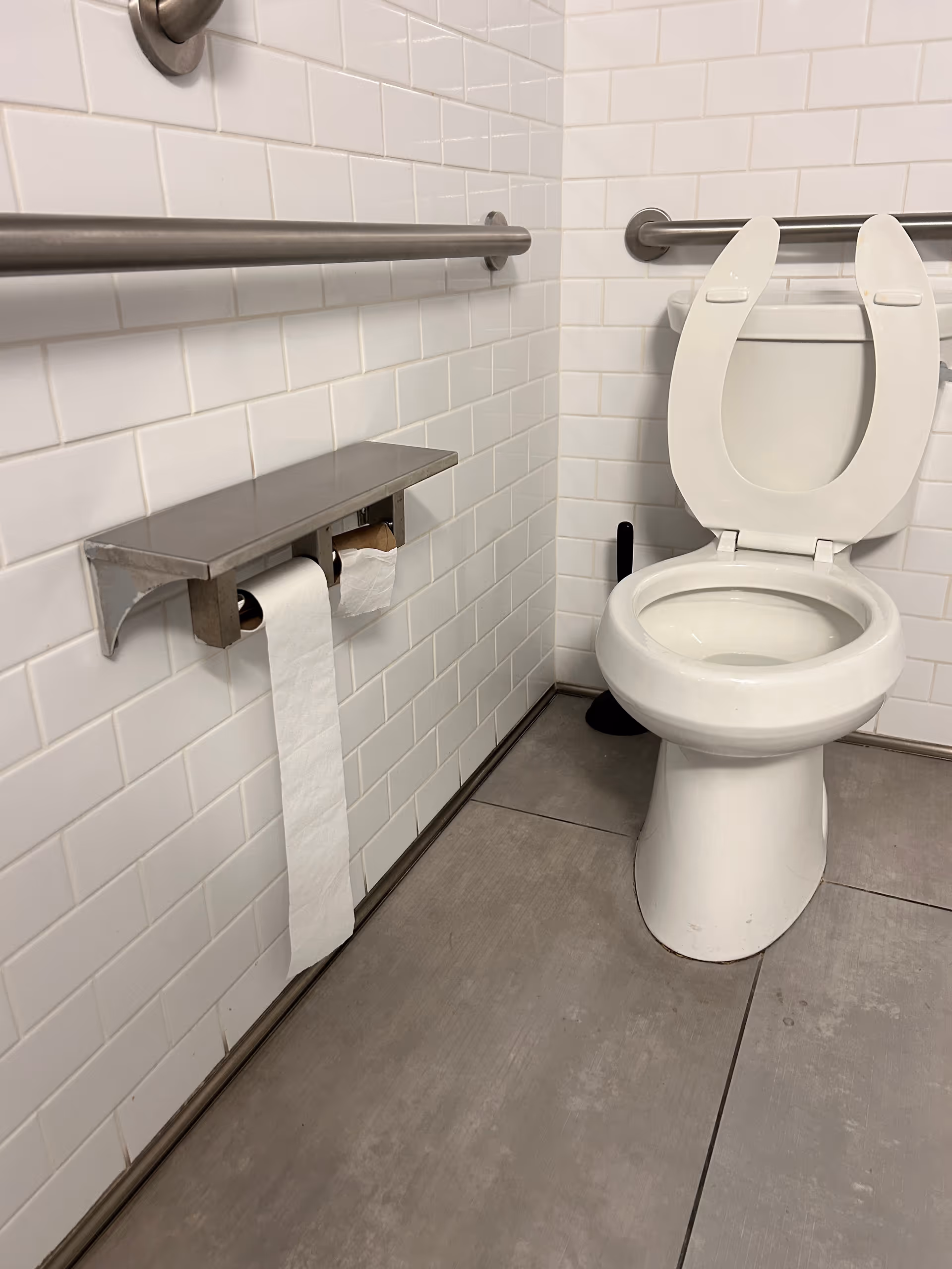 Accessible bathroom with toilet, grab bars, and wall-mounted toilet paper holder.