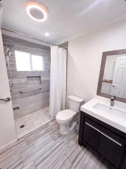 Modern bathroom with a walk-in shower, grab bars, toilet, and vanity sink.