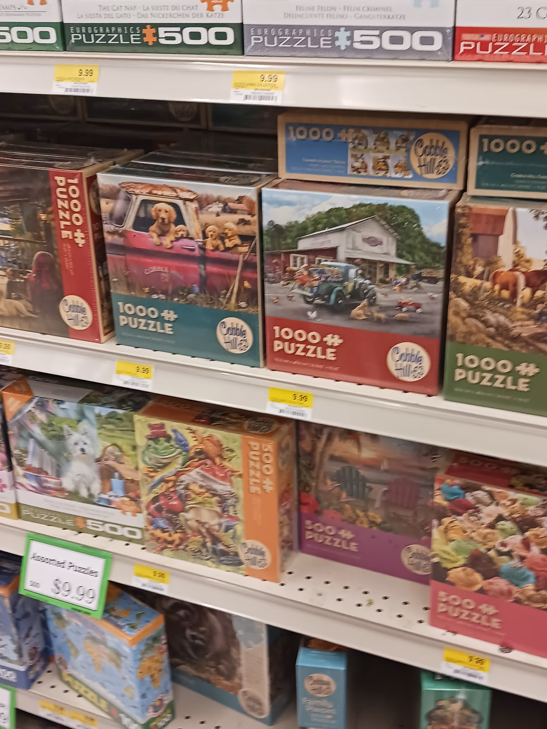 Shelves filled with colorful 1000-piece puzzle boxes in a discount store.